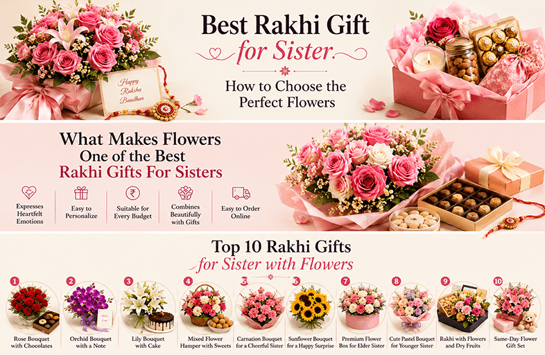 Best Rakhi gift for sister with fresh flower bouquet and Rakhi celebration