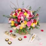 Gemstone Rakhi with Mixed Roses and Ferrero Box