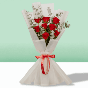 Romantic arrangement of 8 red roses in rich crimson tones, perfect for special moments.