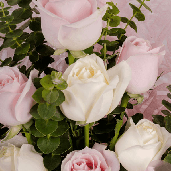 A lovely Bouquet of Elegant 7-pink And Peach rose bouquet wrapped in pink paper.