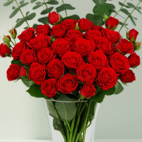 A bunch of Fresh red roses and eucalyptus arranged in a cute glass vase