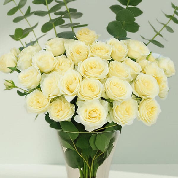 A bunch of Fresh white roses and eucalyptus in a vase for centerpiece