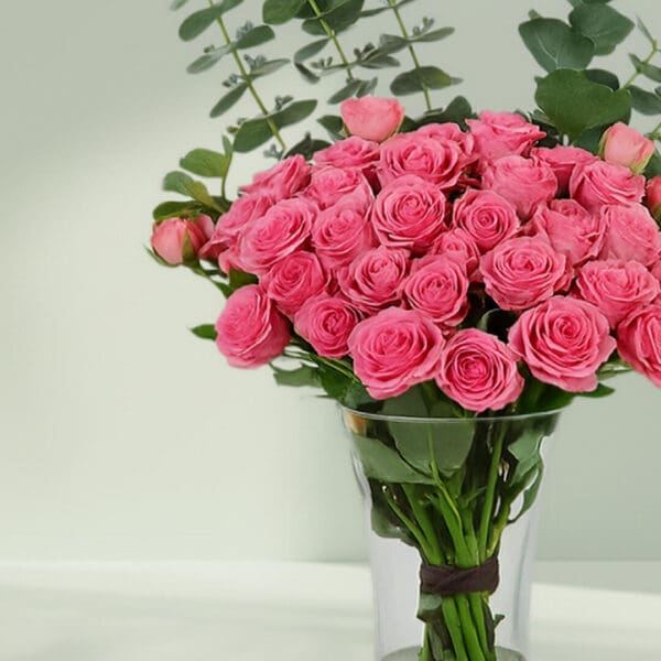 A bunch of Pink roses and eucalyptus in glass vase
