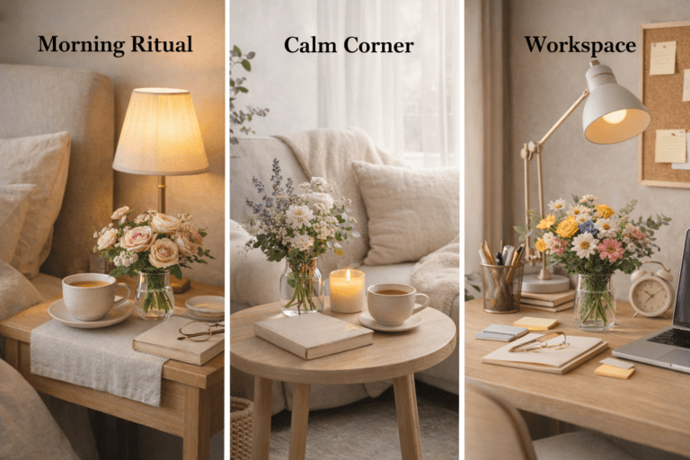 A collection of three images depicting a bedroom with a desk, lamp, flowers, and a laptop, highlighting a tranquil study area.