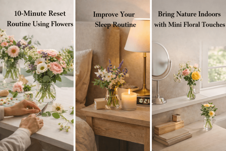 Three images show a woman seated in a chair with a floral arrangement on the table in front of her.