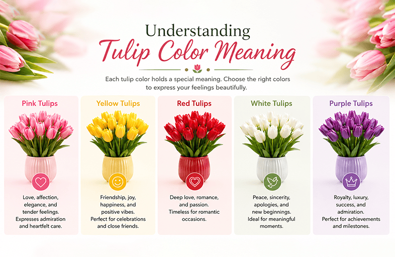 Tulip Personality Guide infographic showing what different tulip colors and varieties reveal about a person's personality.