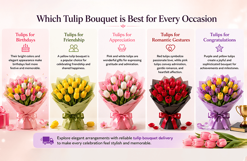 Tulip Personality Guide infographic showing what different tulip colors and varieties reveal about a person's personality.